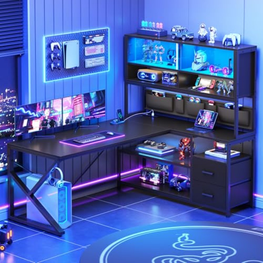 Desk Setup L Shaped - L-förmiger Gaming-Schreibtisch mit Ablagefächern, 2 Schubladen,